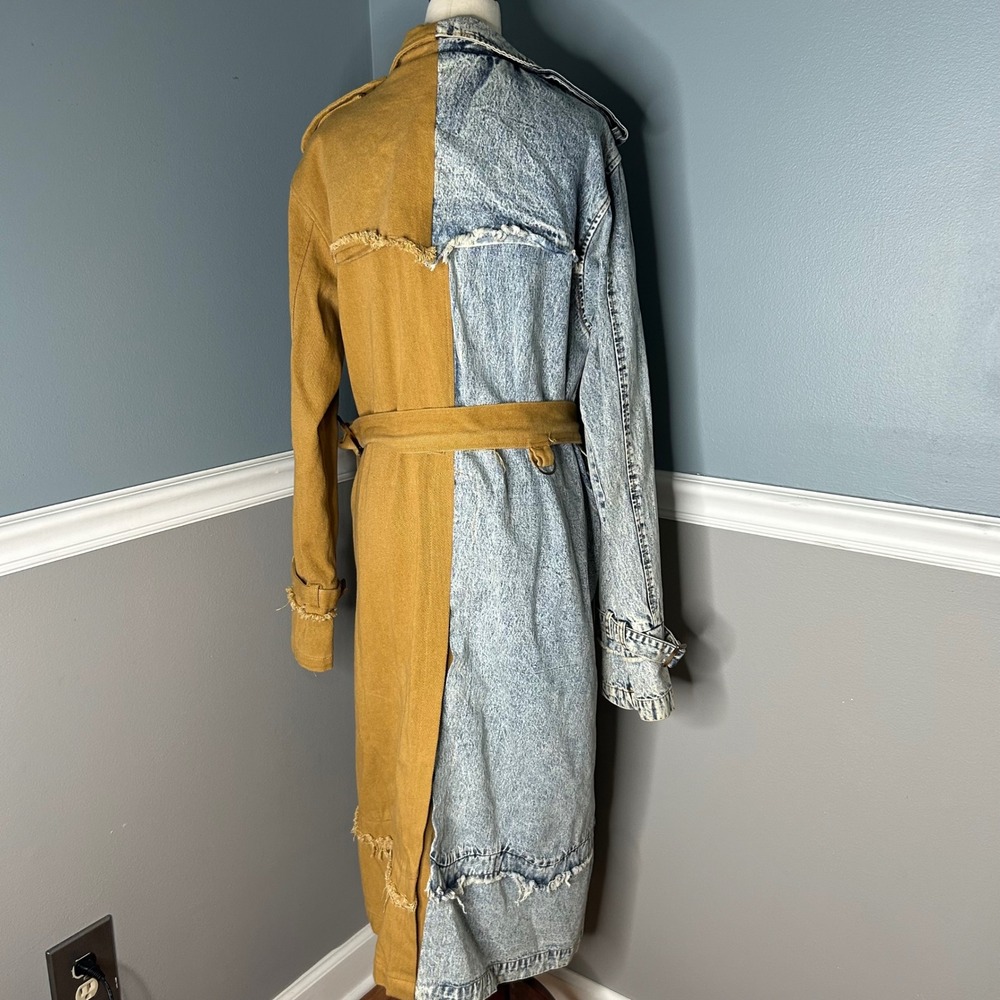 Athina Womens color block Trench Coat Denim and Tan Canvas Frayed Edges Belted - Picture 3 of 11